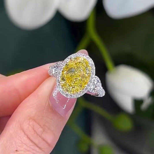 7.40 TCW Fancy Yellow Oval Lab Grown Diamond Engagement Ring | Three Stone Halo Ring | IGI Certified 