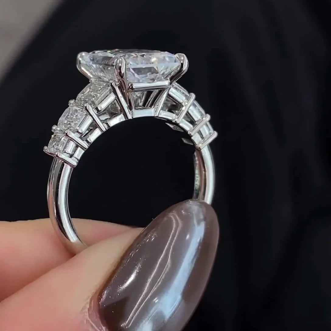 7.50 TCW Radiant Lab Grown Diamond Engagement Ring | Emerald Side Stones | IGI Certified 