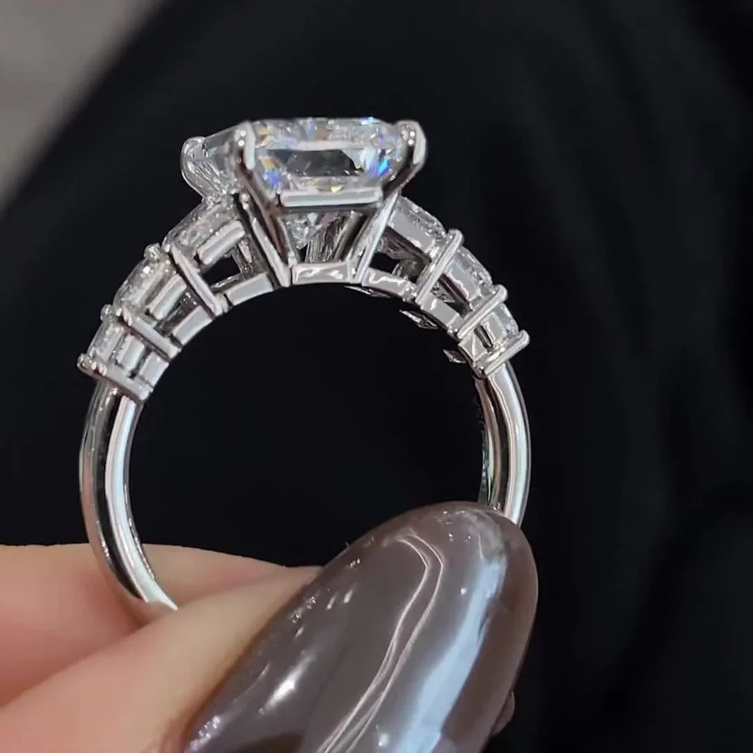 7.50 TCW Radiant Lab Grown Diamond Engagement Ring | Emerald Side Stones | IGI Certified 