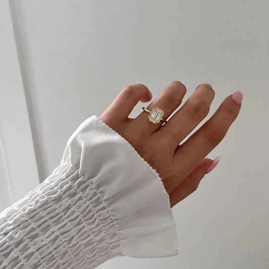 IGI style 7ct emerald cut lab grown diamond solitaire ring full bezel engagement bridal wedding luxury jewelry collection gift for her women ring