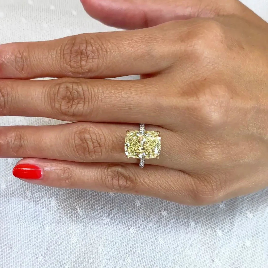 8.00 TCW cushion fancy yellow lab grown diamond ring hidden halo engagement design IGI certified two-tone gold luxury bridal wedding jewelry women