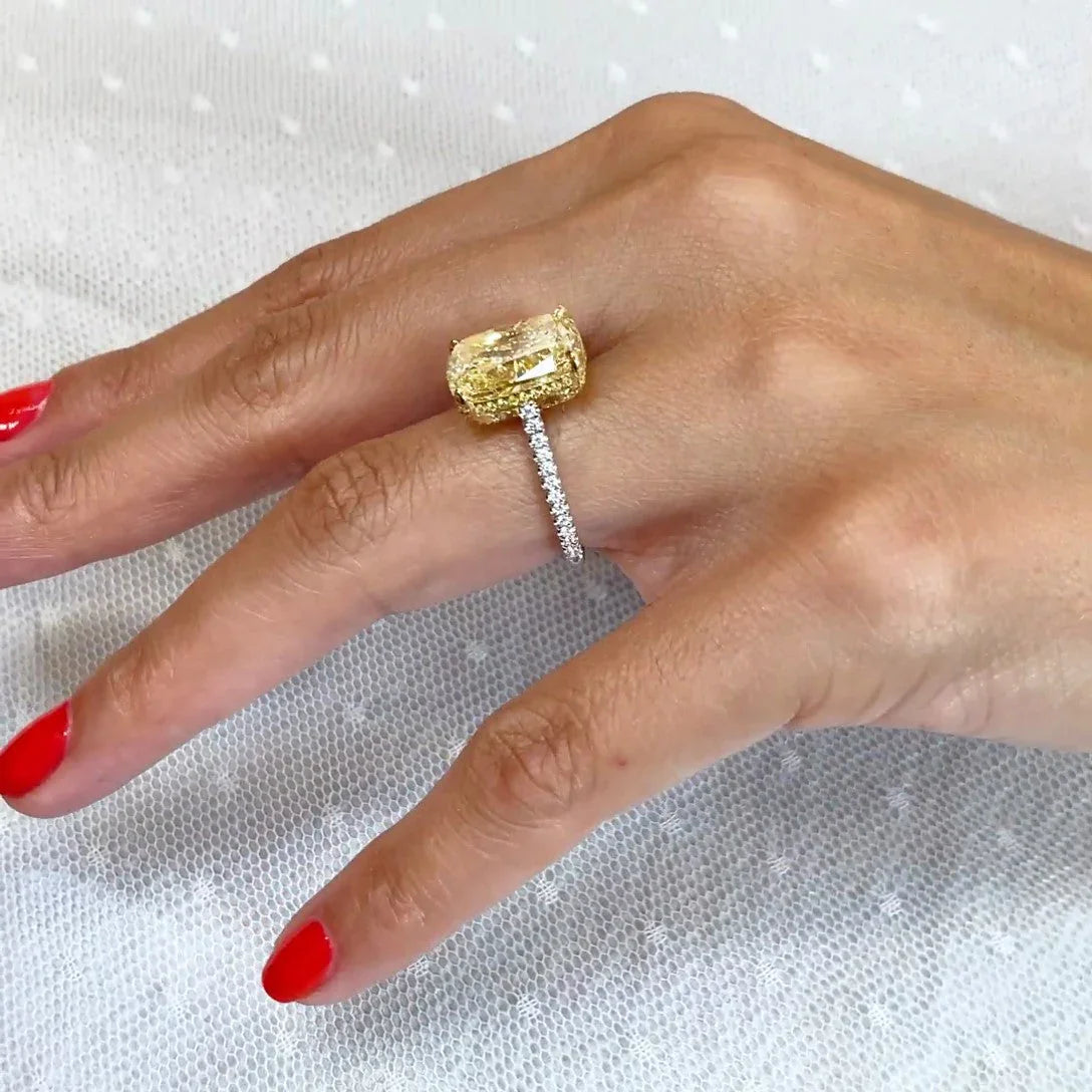 Cushion cut 8.00 TCW fancy yellow lab grown diamond engagement ring IGI certified hidden halo two-tone gold luxury bridal wedding ring gift women jewelry