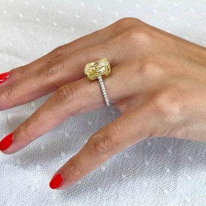 Cushion cut 8.00 TCW fancy yellow lab grown diamond engagement ring IGI certified hidden halo two-tone gold luxury bridal wedding ring gift women jewelry