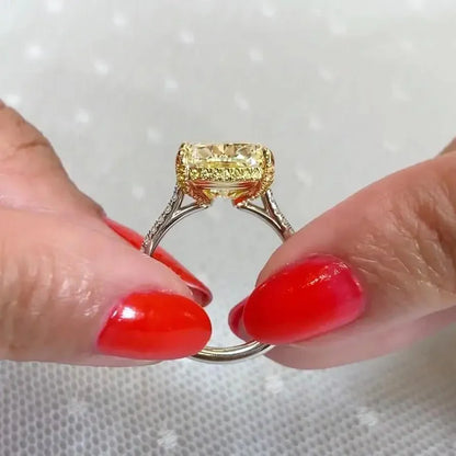 8.00 TCW Cushion Fancy Yellow Lab Grown Diamond Engagement Ring | Hidden Halo | Two-Tone Gold | IGI Certified 