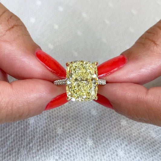 IGI certified 8.00 TCW cushion cut fancy yellow lab grown diamond ring hidden halo two-tone gold engagement bridal wedding luxury gift women ring