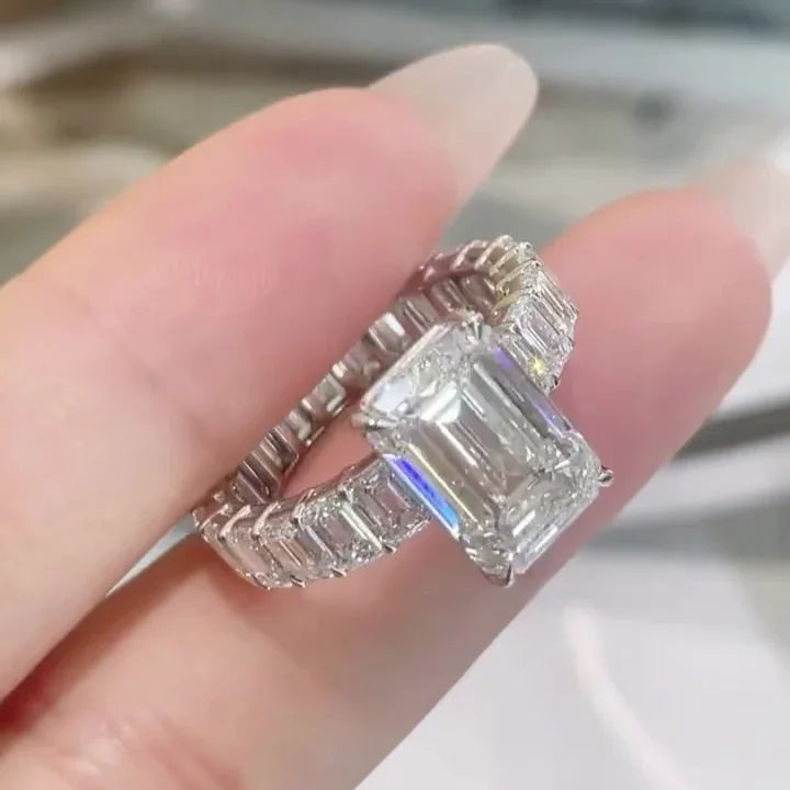 IGI certified 8.00 TCW emerald cut lab grown diamond ring 5 CT center stone with 3 CT side stones engagement bridal wedding luxury gift women ring