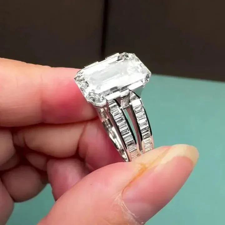 8.00 TCW Emerald Lab Grown Diamond Engagement Ring | Channel Set Baguette Double Band | IGI Certified 
