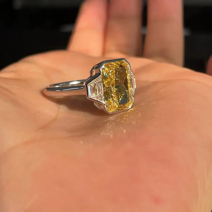 Fancy Yellow 7.00 CT Radiant Lab Grown Diamond Engagement Ring IGI Certified, three stone ring, baguette side stones, bridal wedding gift luxury