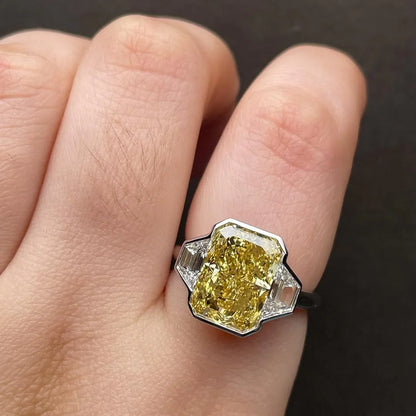 Fancy Yellow Radiant 7.00 CT Lab Grown Diamond Engagement Ring IGI Certified three stone design, baguette side stones bridal wedding anniversary gift