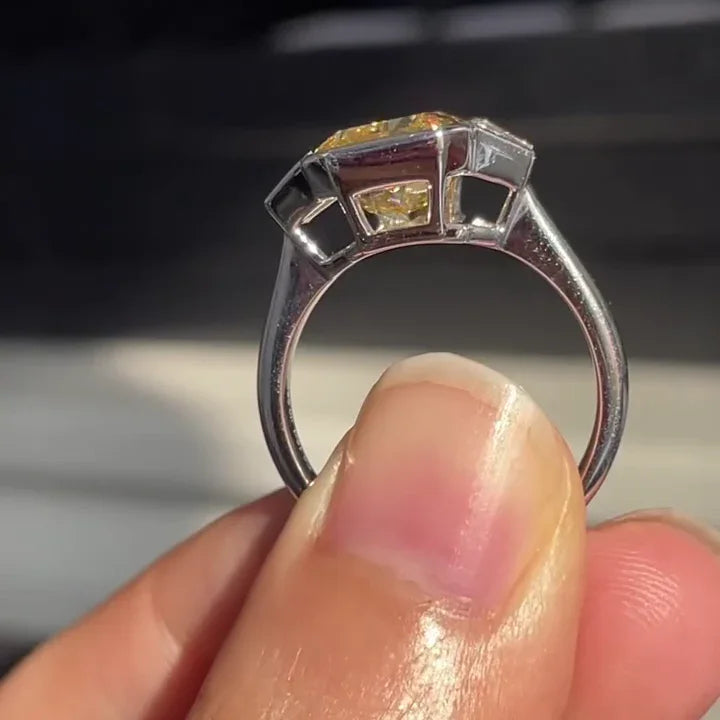 7.00 CT Fancy Yellow Radiant Lab Grown Diamond Engagement Ring IGI Certified, radiant cut three stone ring baguette side stones bridal wedding gift