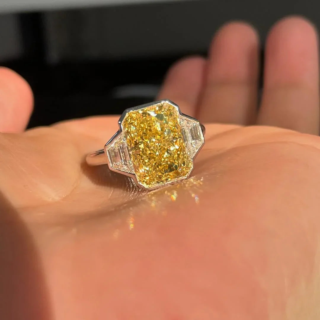 8.00 TCW Fancy Yellow Radiant Lab Grown Diamond Ring | Baguette Side Stones (2.00 CT) | Three Stone Ring | IGI Certified 