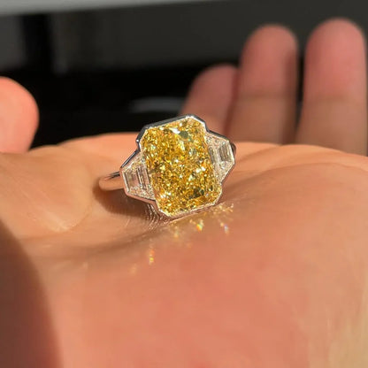 8.00 TCW Fancy Yellow Radiant Lab Grown Diamond Ring | Baguette Side Stones (2.00 CT) | Three Stone Ring | IGI Certified 