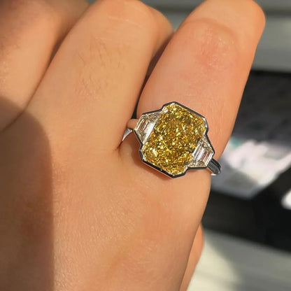 8.00 TCW Fancy Yellow Radiant Lab Grown Diamond Ring | Baguette Side Stones (2.00 CT) | Three Stone Ring | IGI Certified 