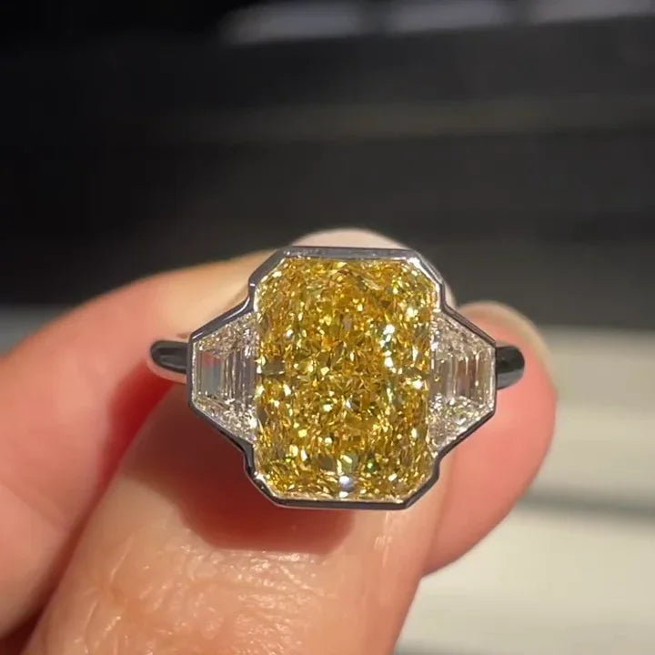7.00 CT Fancy Yellow Radiant Lab Grown Diamond Engagement Ring IGI Certified, baguette side stones three stone ring, bridal wedding luxury gift