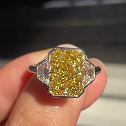 8.00 TCW Fancy Yellow Radiant Lab Grown Diamond Engagement Ring IGI Certified, baguette side stones three stone ring, bridal wedding luxury gift