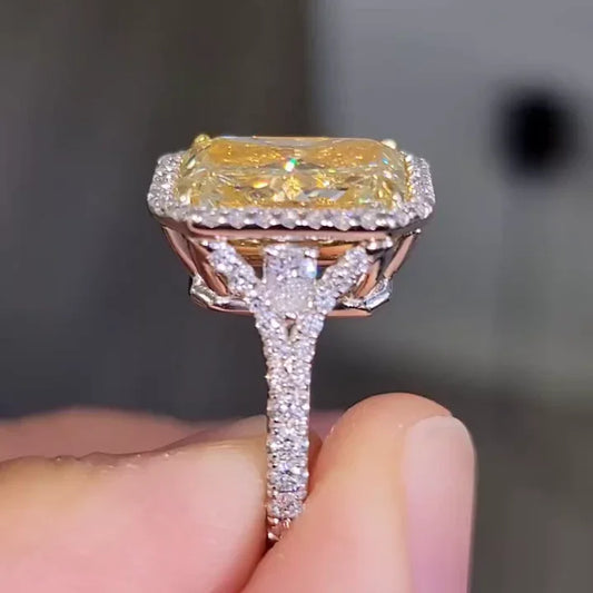 IGI Certified 8.30 TCW Fancy Yellow Radiant Lab Grown Diamond Ring Pear Side Stone Halo Design Engagement Wedding Bridal Luxury Fine Jewelry Ring