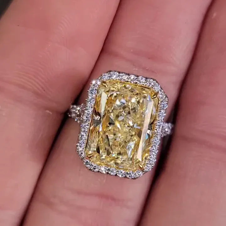 Luxury Fancy Yellow 8.30 TCW Radiant Lab Grown Diamond Engagement Ring Pear Side Halo IGI Certified Bridal Wedding Anniversary Statement Jewelry