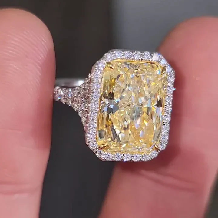 8.00 CT Fancy Yellow Radiant Lab Grown Diamond Engagement Ring | Pear Side Stone Halo Ring | IGI Certified