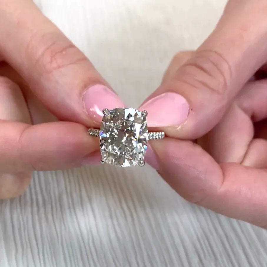 IGI Certified 8.50 TCW Cushion Cut Lab Grown Diamond Ring with Cathedral Hidden Halo Engagement Wedding Bridal Luxury Jewelry Statement Piece