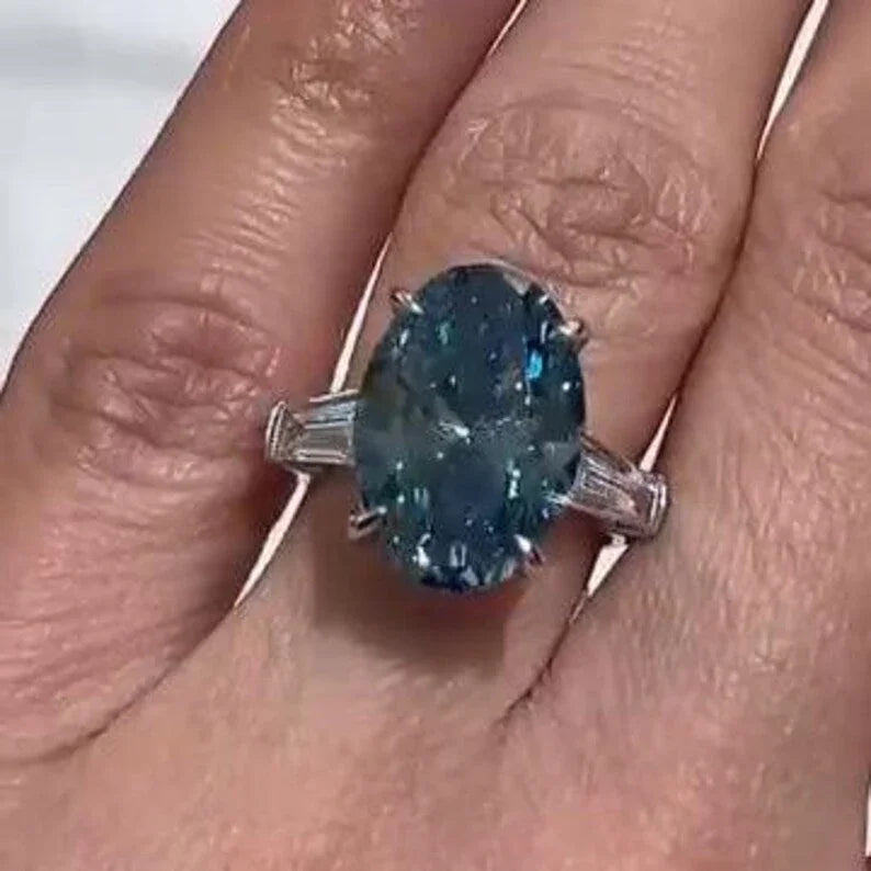 8.00 CT Fancy Blue Oval Lab Grown Diamond Engagement Ring | Cathedral Three Stone Ring | IGI Certified