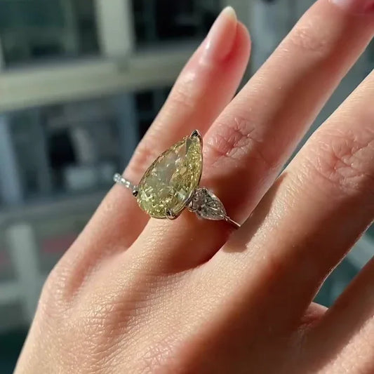 Luxury 8.80 TCW Fancy Yellow Pear Lab Grown Diamond Ring Three Stone Engagement Ring IGI Certified Bridal Wedding Anniversary Jewelry Statement