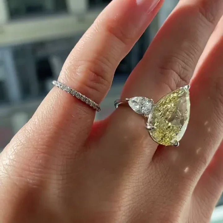 IGI Certified 8.00 CT Pear Shape Fancy Yellow Lab Diamond Engagement Ring Three Stone Design Bridal Wedding Ring Luxury Fine Jewelry Gift
