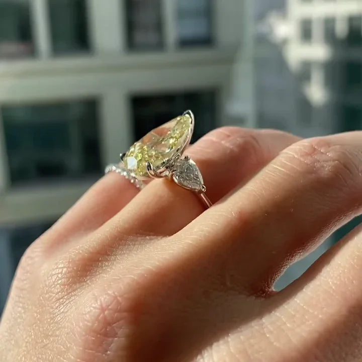 Luxury 8.80 TCW Fancy Yellow Pear Lab Grown Diamond Ring Three Stone Engagement Ring IGI Certified Bridal Wedding Anniversary Jewelry Statement