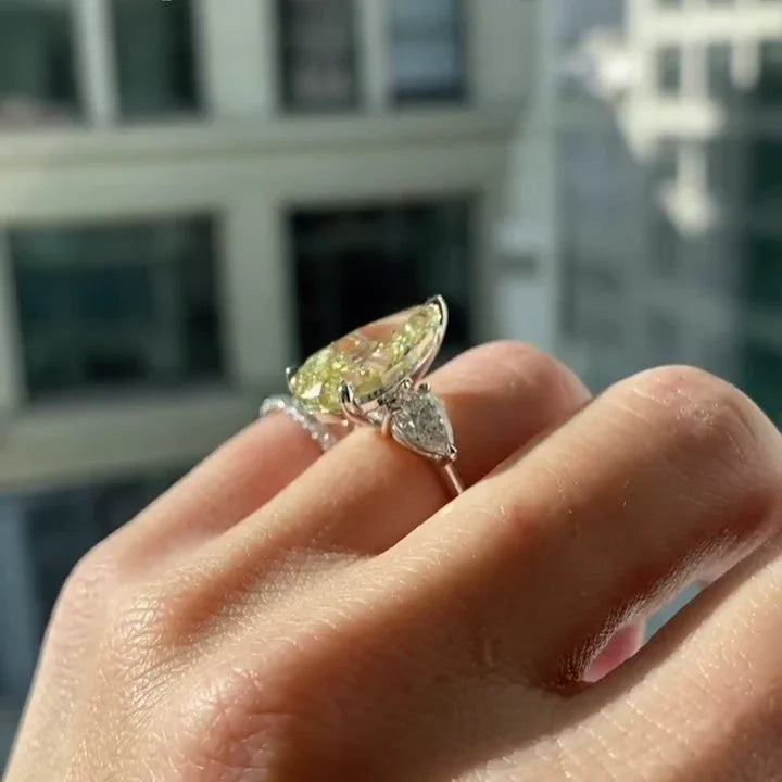 8.80 TCW Fancy Yellow Pear Lab Grown Diamond Engagement Ring | Three Stone Ring | IGI Certified 