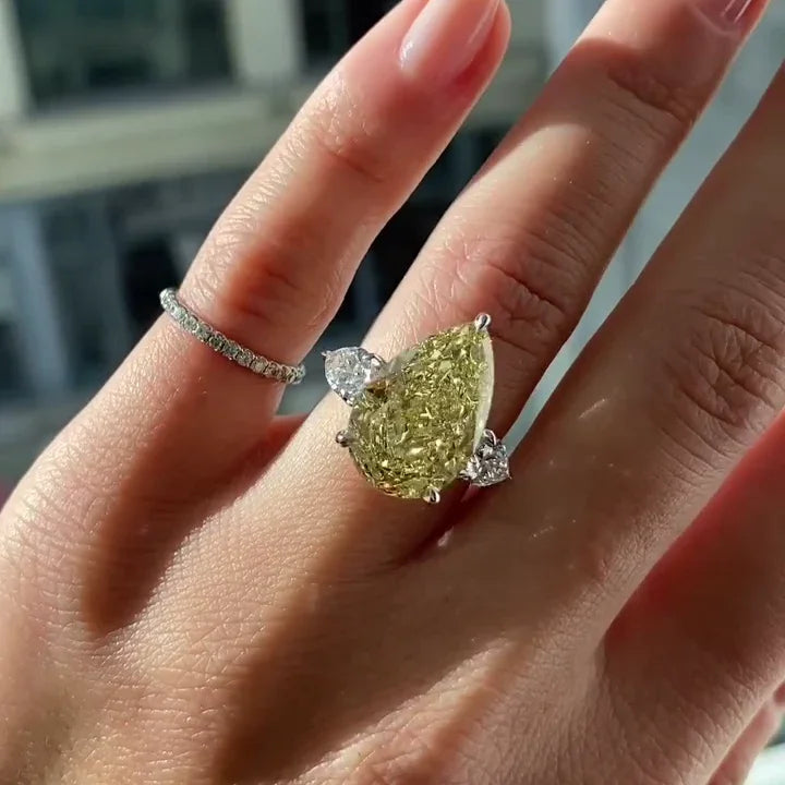 8.80 TCW Fancy Yellow Pear Lab Grown Diamond Engagement Ring | Three Stone Ring | IGI Certified 