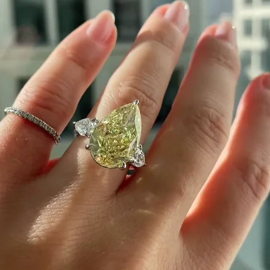 8.80 TCW Fancy Yellow Pear Lab Grown Diamond Engagement Ring Three Stone IGI Certified Bridal Wedding Luxury Statement Jewelry Fine Ring Design