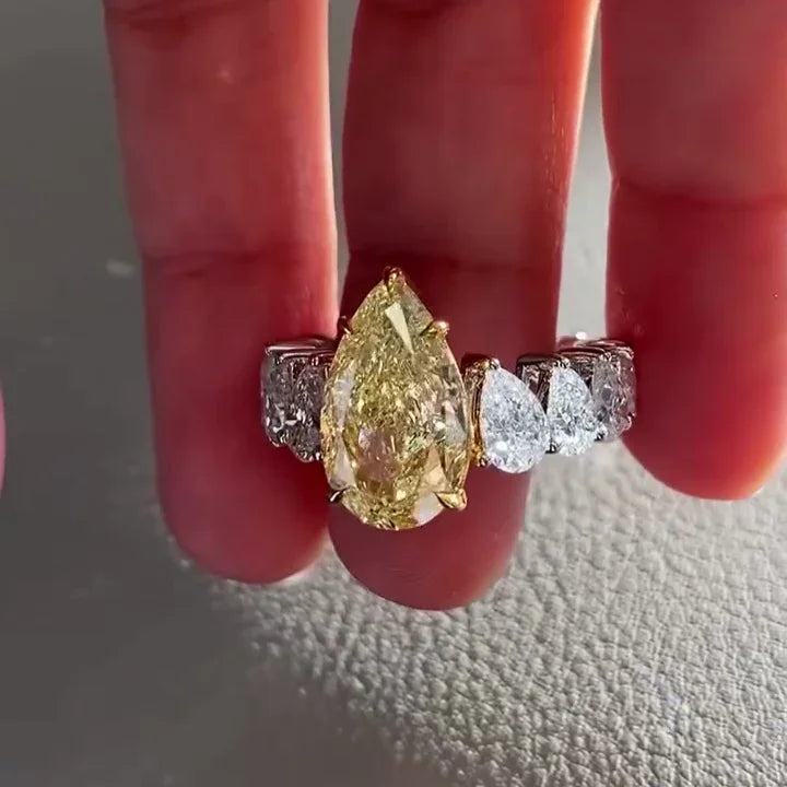 9.00 TCW Fancy Yellow Pear Lab Grown Diamond Engagement Ring Pavé Band IGI Certified Bridal Wedding Luxury Statement Jewelry Elegant Gift for Her