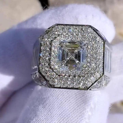 9.50 TCW Asscher Lab Grown Diamond Men’s Engagement Ring Custom Luxury Design IGI Certified Wedding Ring Statement Jewelry Bold Elegant Style