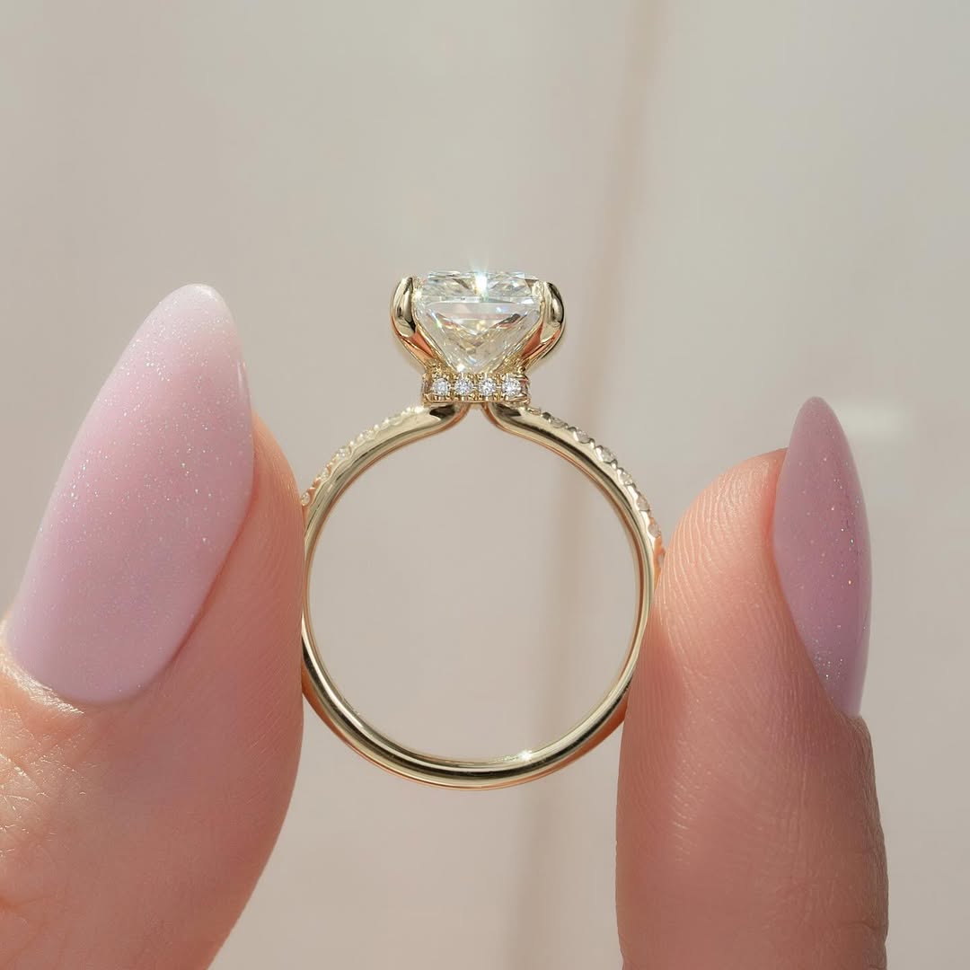 4.0ct Radiant Cut Lab Grown Diamond Solitaire Ring With Pave Band & Hidden Halo