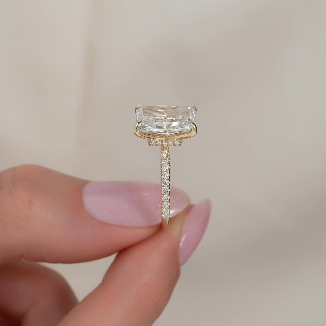 4.0ct Radiant Cut Lab Grown Diamond Solitaire Ring With Pave Band & Hidden Halo