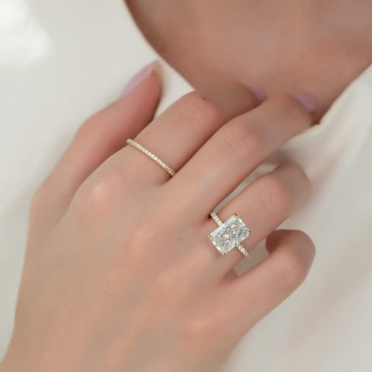 4.0ct Radiant Cut Lab Grown Diamond Solitaire Ring With Pave Band & Hidden Halo