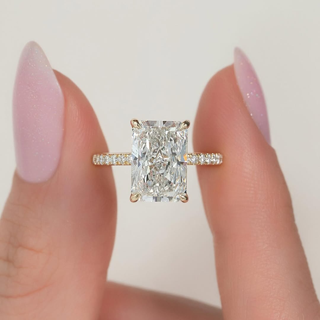 4.0ct Radiant Cut Lab Grown Diamond Solitaire Ring With Pave Band & Hidden Halo