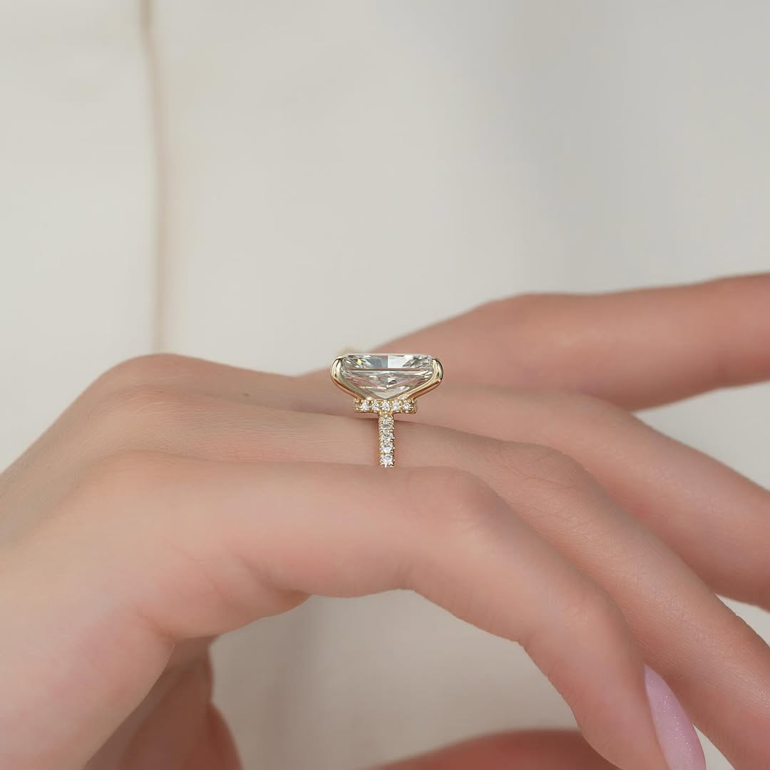 4.0ct Radiant Cut Lab Grown Diamond Solitaire Ring With Pave Band & Hidden Halo