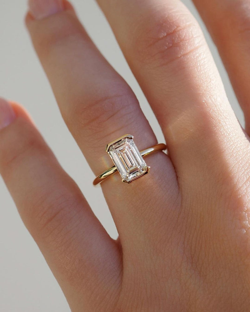 1.5ct Emerald Half Bezel Solitaire Diamond Ring Wedding Ring, Classic Engagement ring, Anniversary Gift and promise ring for her