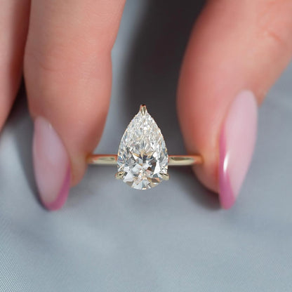 3.0ct Pear Cut Lab grown Diamond Solitaire Ring With Hidden Halo