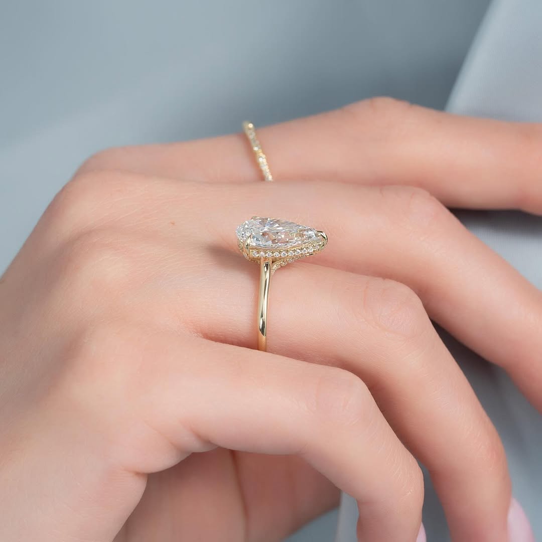 3.0ct Pear Cut Lab grown Diamond Solitaire Ring With Hidden Halo