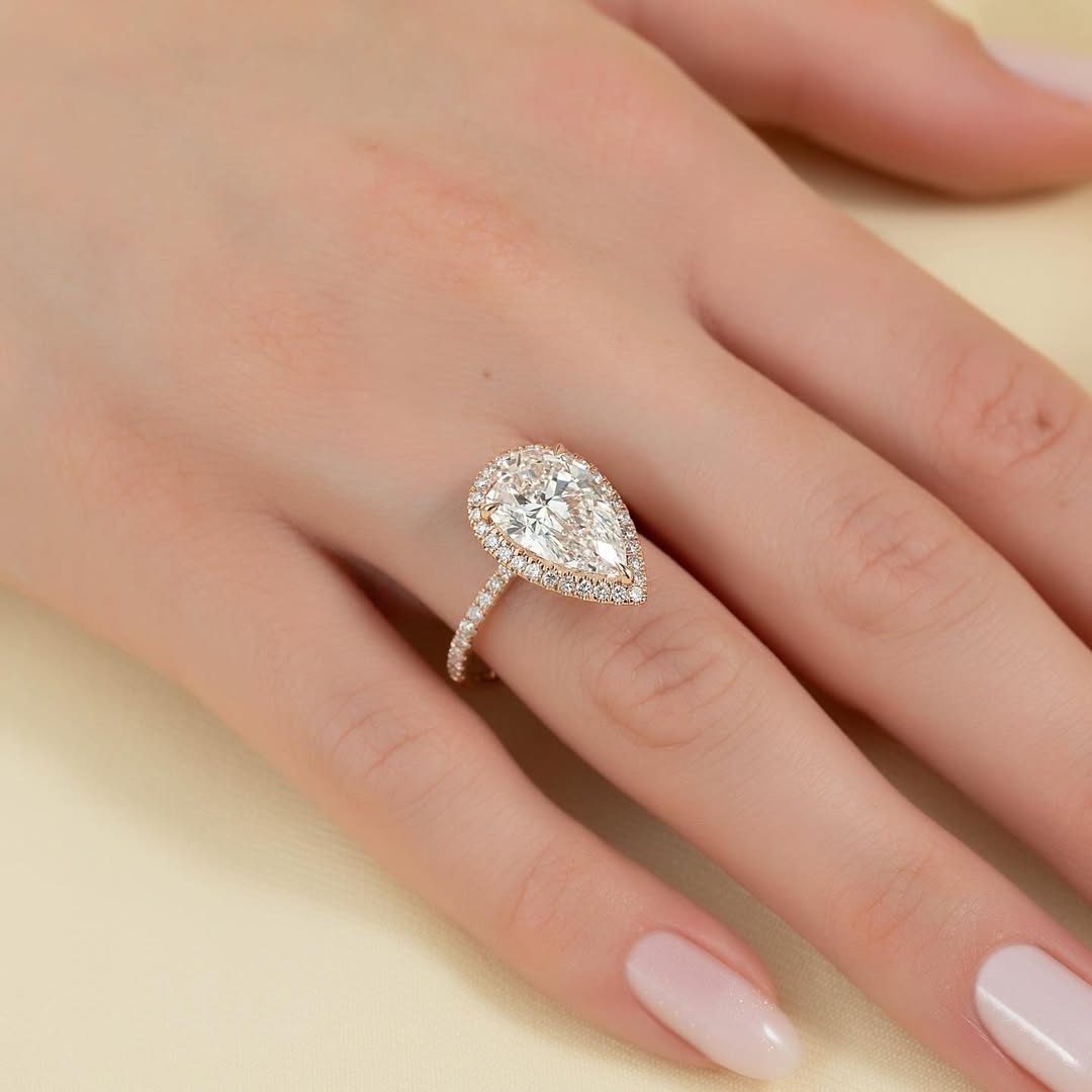 4.0ct Pear Cut Lab Grown Diamond Solitaire Ring With Pave Band & Hidden Halo Cluster Setting Ring