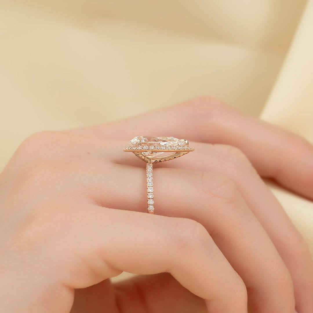 4.0ct Pear Cut Lab Grown Diamond Solitaire Ring With Pave Band & Hidden Halo Cluster Setting Ring