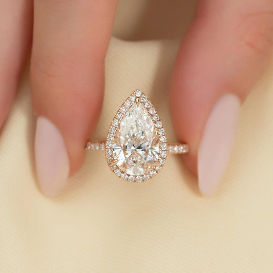 4.0ct Pear Cut Lab Grown Diamond Solitaire Ring With Pave Band & Hidden Halo Cluster Setting Ring