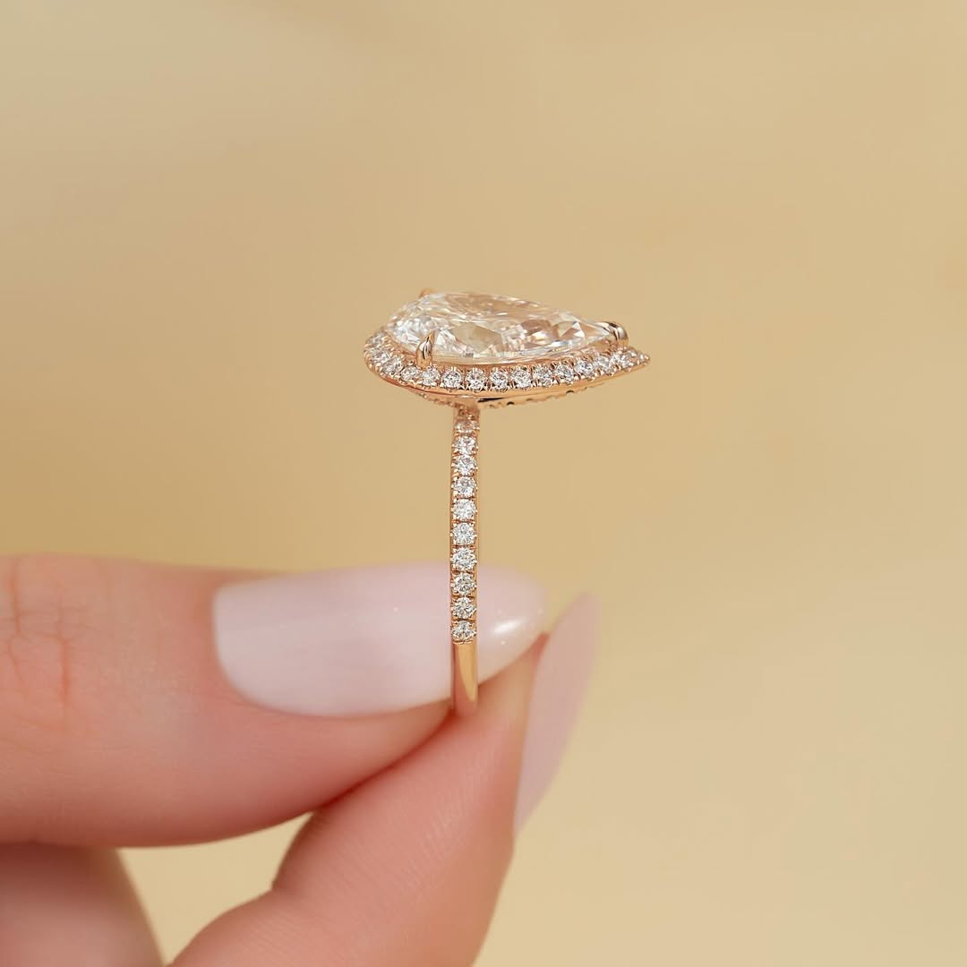 4.0ct Pear Cut Lab Grown Diamond Solitaire Ring With Pave Band & Hidden Halo Cluster Setting Ring