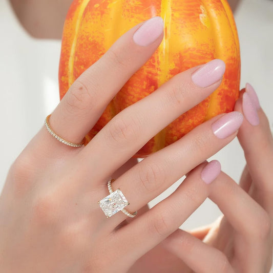 4.5ct Radiant Cut Lab Grown Diamond Solitaire Ring With Pave Band & Hidden Halo