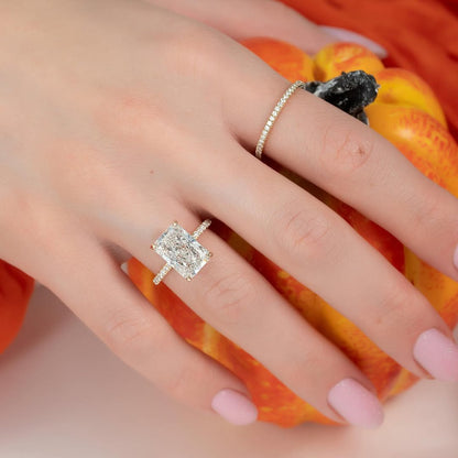 4.5ct Radiant Cut Lab Grown Diamond Solitaire Ring With Pave Band & Hidden Halo