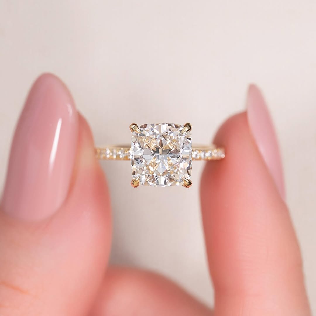 3.0ct Cushion Cut Lab grown Diamond Solitaire Ring With Pave Band & Hidden Halo