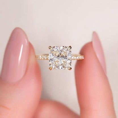 3.0ct Cushion Cut Lab grown Diamond Solitaire Ring With Pave Band & Hidden Halo