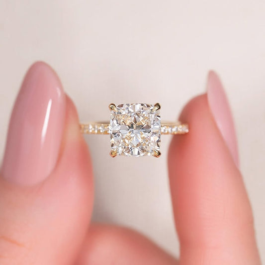 3.0ct Cushion Cut Lab grown Diamond Solitaire Ring With Pave Band & Hidden Halo