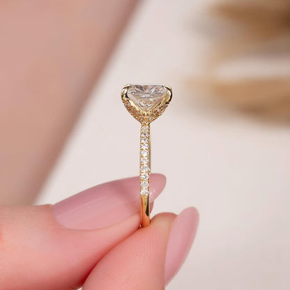 3.0ct Cushion Cut Lab grown Diamond Solitaire Ring With Pave Band & Hidden Halo